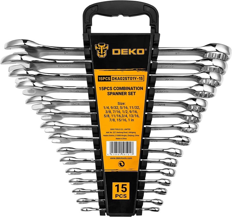 DEKOPRO Combination Wrench Set, SAE, 15-piece, 1/4'' to 1'', 12-Point, Chrome Vanadium Steel, with Plastic Tray - Image 1